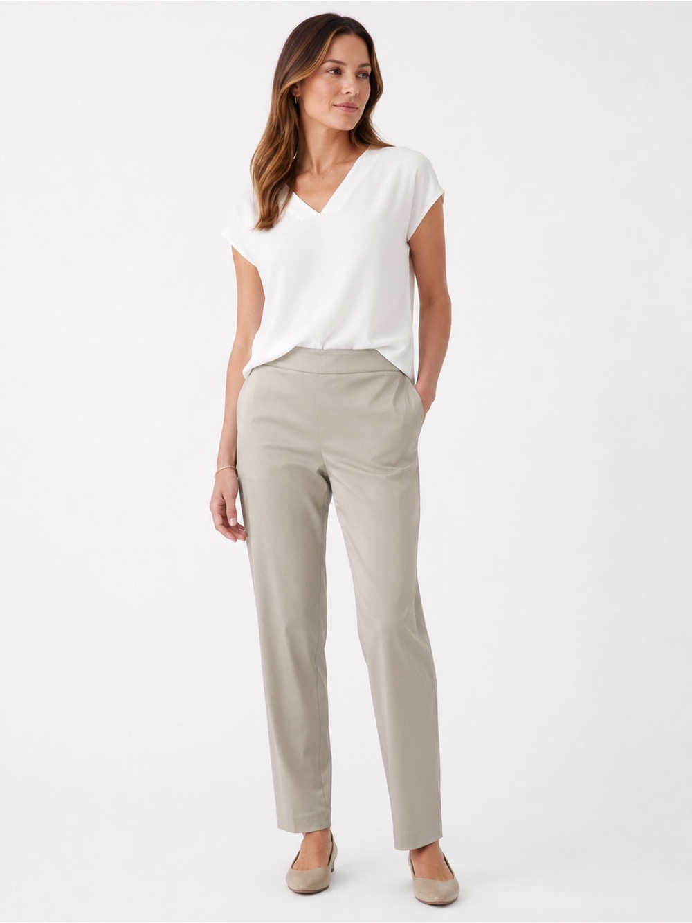 Eileen Fisher Straight-Leg Side Zipper Pants in Satin Beige Size XL